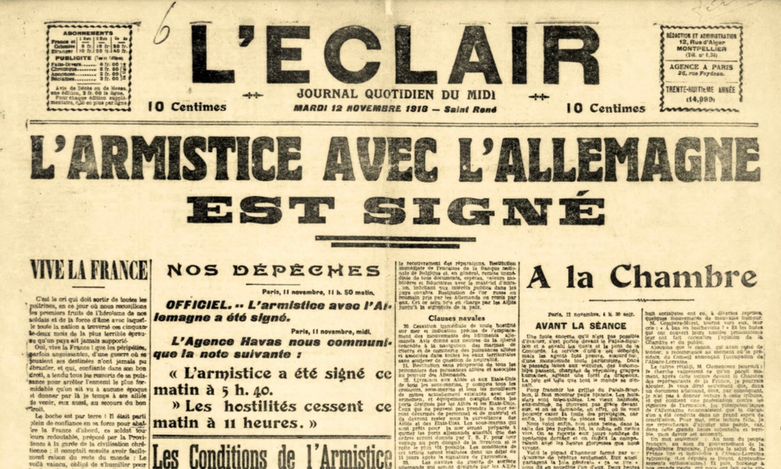 Photo de la couverture du journal l'Eclair du 12 novembre 1918 annonçant l'armistice