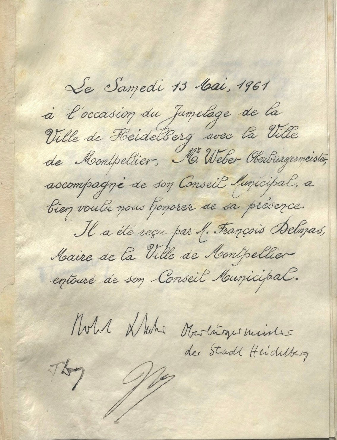 Livre dor de la Ville de Montpellier Reception par M. Francois Selmas du maire dHeidelberg Archives Municipales de Montpellier cote 3D318