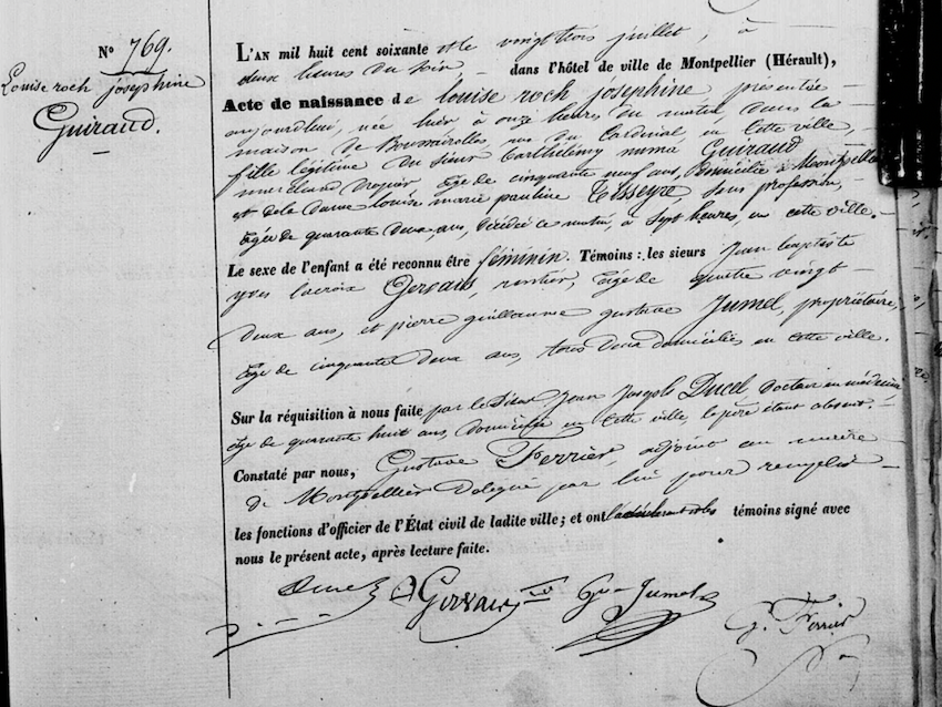 Louise Guiraud (1860-1918) : une pionnière de l'historiographie montpelliéraine dans un siècle d'érudits 2 Louise Guiraud Acte de de naissance 23 juillet 1860