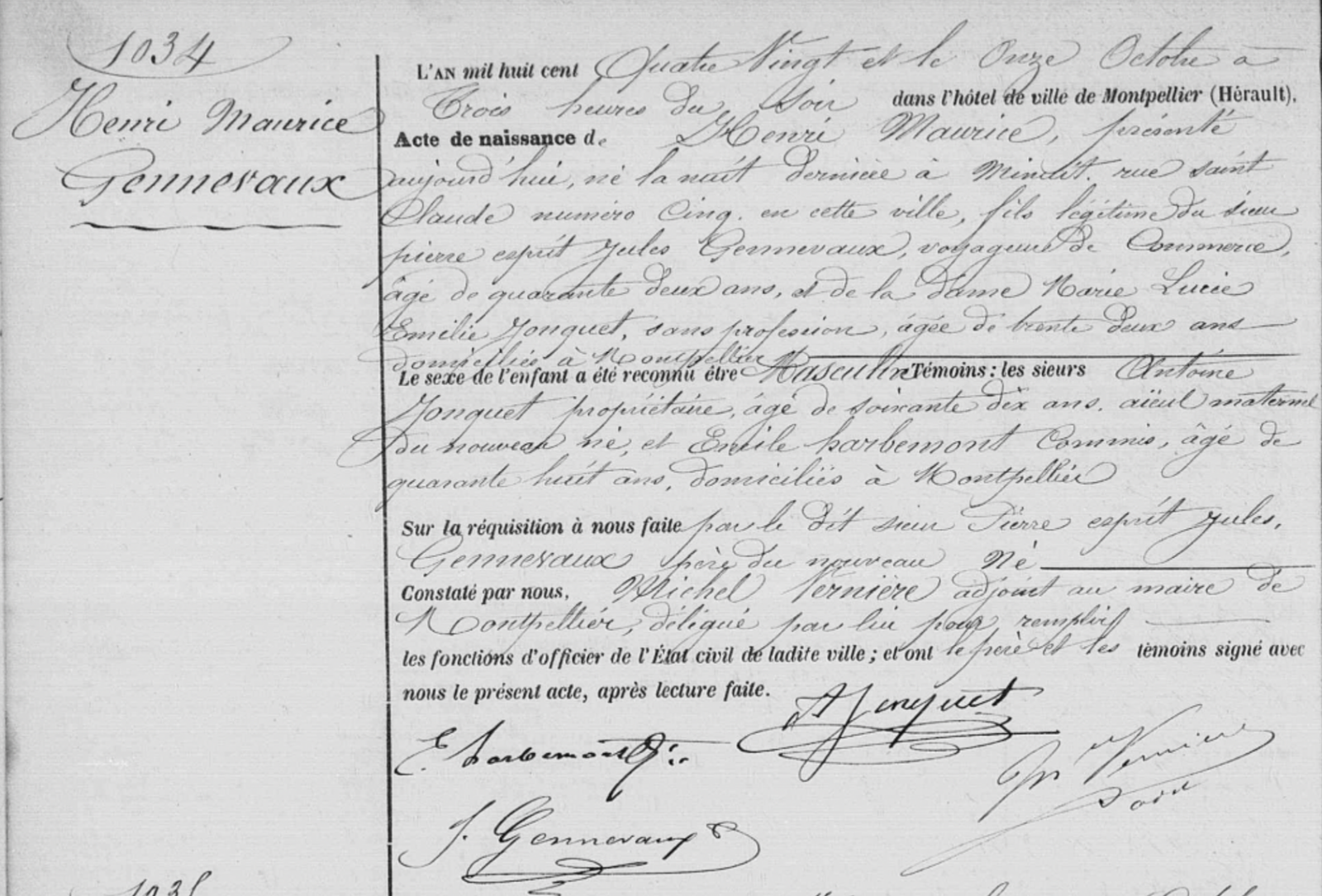Maurice Gennevaux : un pionnier montpelliérain de la spéléologie et de l’archéologie 2 Montpellier Acte de Naissance de Maurice Genneveaux 1