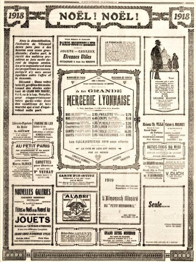 Publicité des maisons recommandées en 1918 pour les fêtes de fin d'année sélectionnées par le Petit Méridional