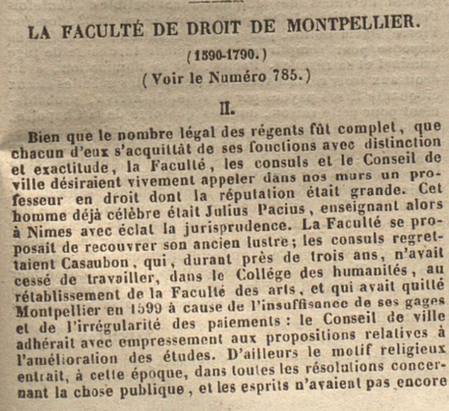 L'histoire de la faculté de droit de Montpellier publié par Faucillon dans le Journal de Montpellier, 1852