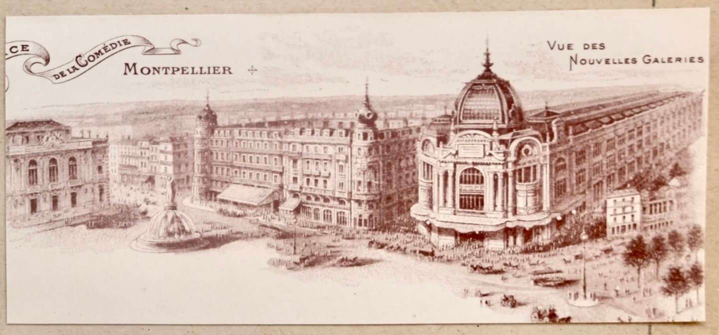 Place de la Comédie vers 1910 - Publicité des Nouvelles Galeries