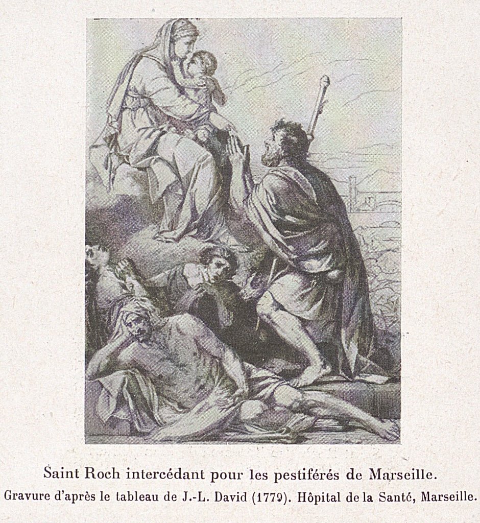 Saint Roch intercedant pour les pestiferes de Marseille Gravure dapres le tableau de J.L. David Hopital de la Sante marseille